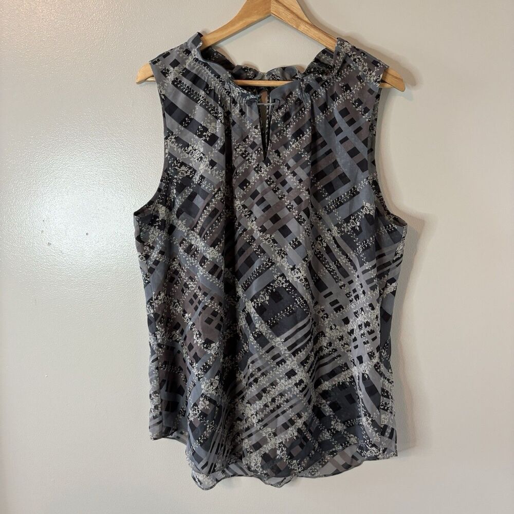 CAbi #3451 Sleeveless Graph Blouse Tank Gray Plaid Ruffle Neck Tie Back Sz XL
